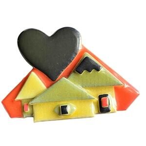 Lucinda House Pins Vintage Handmade Collectible Black Heart Yellow House Brooch